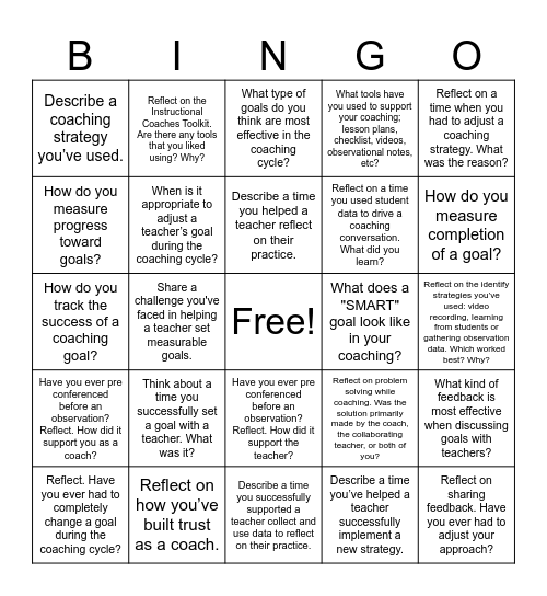 Coaching Bingo: Reflection Edition Bingo Card