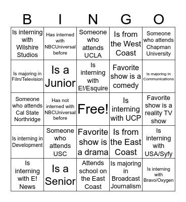 Cable Entertainment Interns Bingo Card