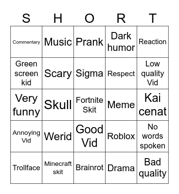SHORTS Bingo Card