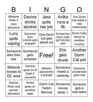 Dorm Cats 2025 Bingo Card