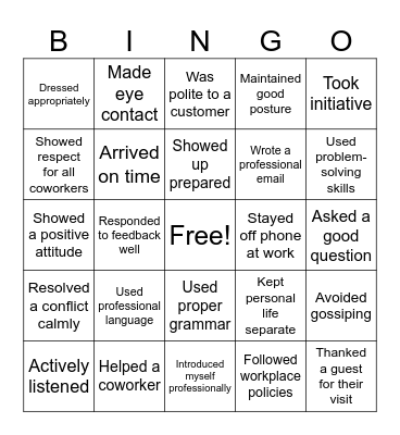 Professionalism Bingo Card