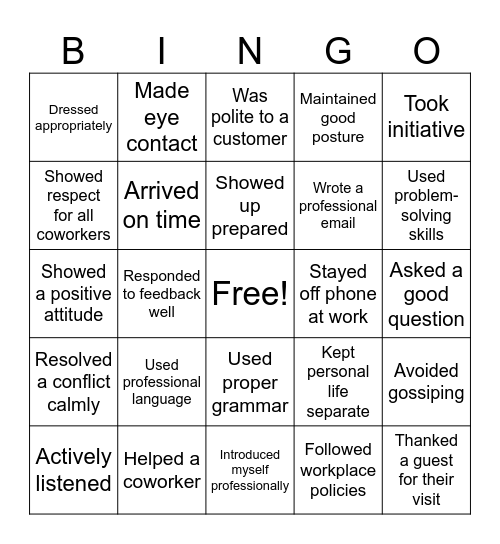 Professionalism Bingo Card
