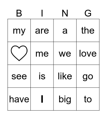 Hight Frequency Words Bingo Card