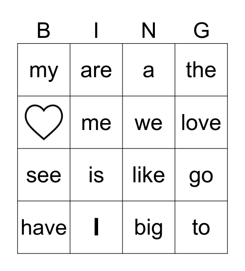Hight Frequency Words Bingo Card