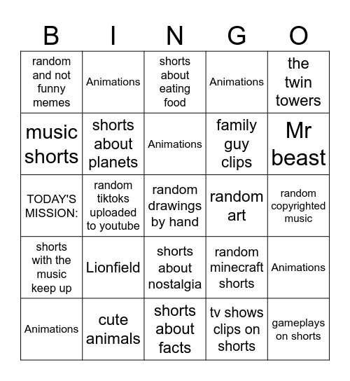 The youtube shorts bingo Card