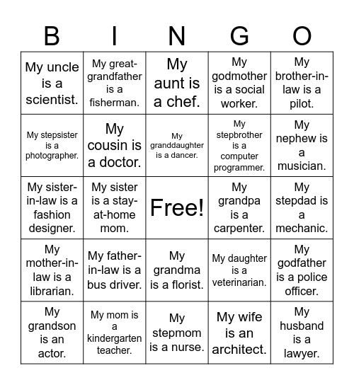 My mom is a teacher Bingo Card