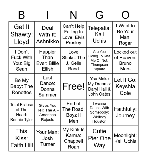 Love Songs #1 Bingo Card