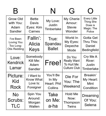 Love Songs #2 Bingo Card