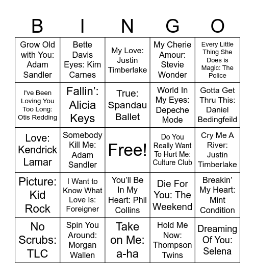 Love Songs #2 Bingo Card