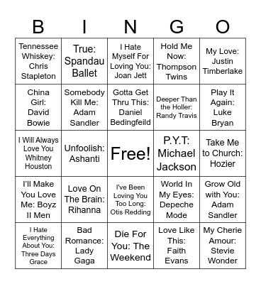 Love Songs #2 Bingo Card