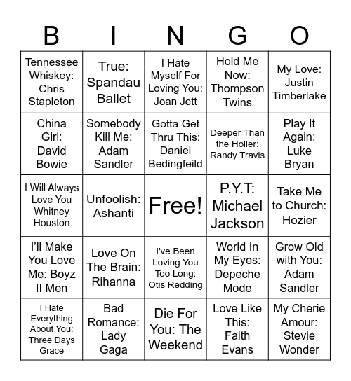 Love Songs #2 Bingo Card