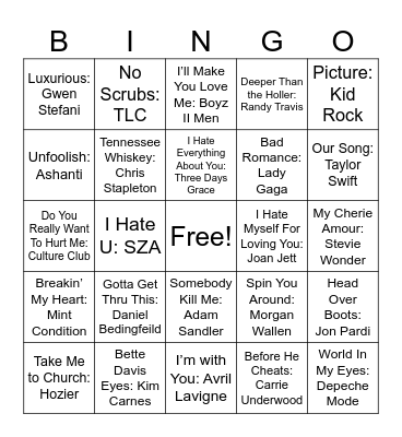 Love Songs #2 Bingo Card