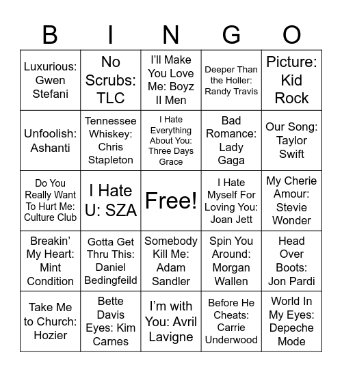 Love Songs #2 Bingo Card