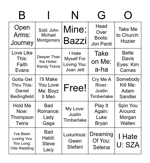 Love Songs #2 Bingo Card