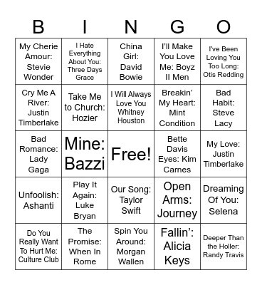 Love Songs #2 Bingo Card
