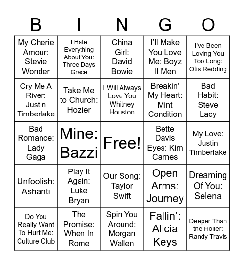 Love Songs #2 Bingo Card