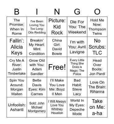 Love Songs #2 Bingo Card