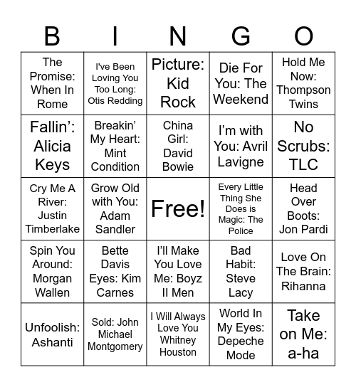 Love Songs #2 Bingo Card
