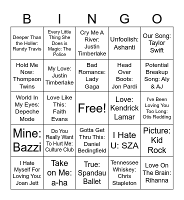 Love Songs #2 Bingo Card