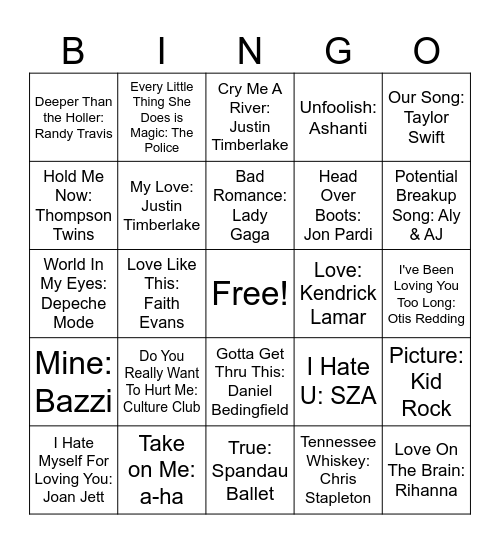 Love Songs #2 Bingo Card