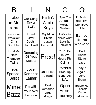 Love Songs #2 Bingo Card