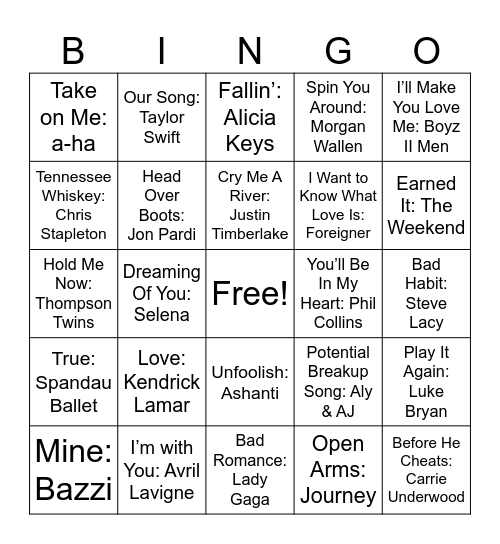 Love Songs #2 Bingo Card