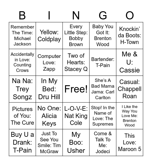 Love Songs #3 Bingo Card