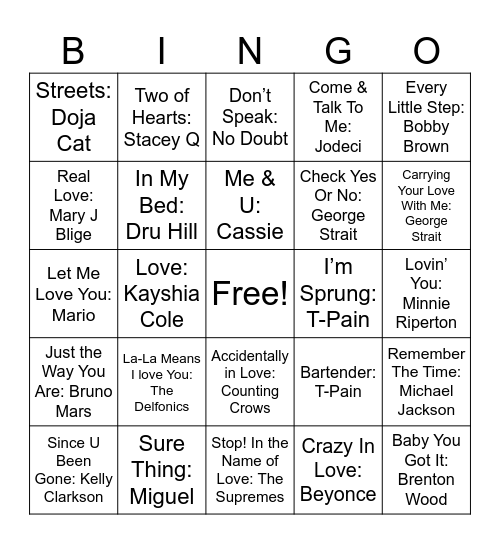 Love Songs #3 Bingo Card