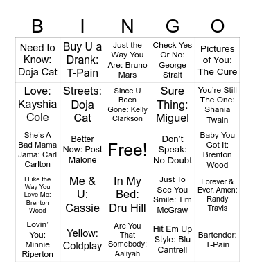 Love Songs #3 Bingo Card