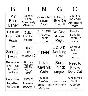 Love Songs #3 Bingo Card