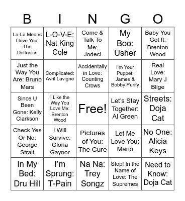 Love Songs #3 Bingo Card