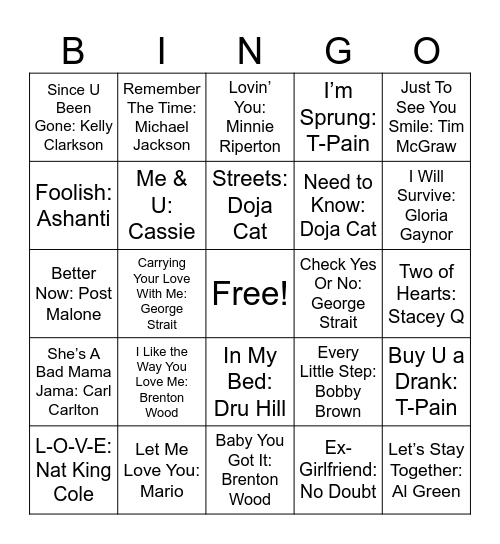 Love Songs #3 Bingo Card