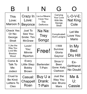 Love Songs #3 Bingo Card