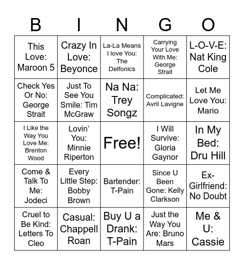 Love Songs #3 Bingo Card