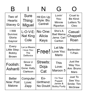 Love Songs #3 Bingo Card
