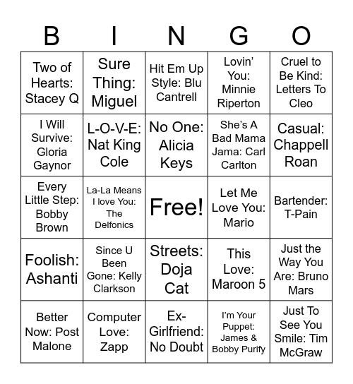 Love Songs #3 Bingo Card