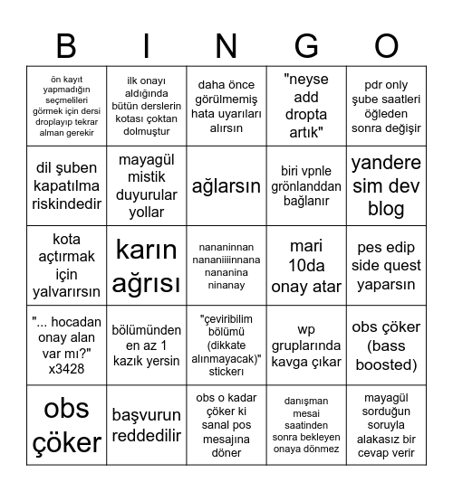 ders kayıt Bingo Card