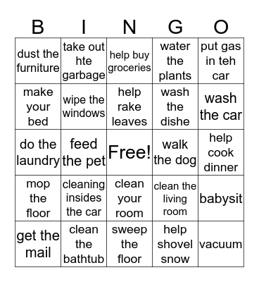 chores Bingo Card