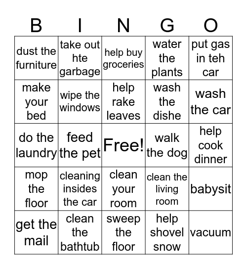 chores Bingo Card