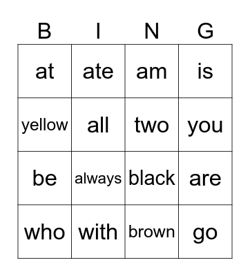 English Bingo Card