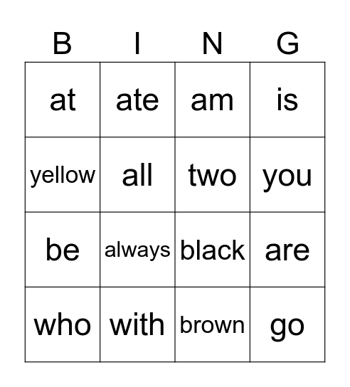 English Bingo Card