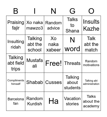 Mr zana Bingo Card