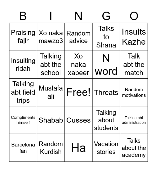 Mr zana Bingo Card