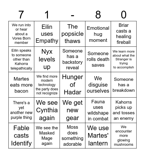 Sessions 71 - 80 Bingo Card