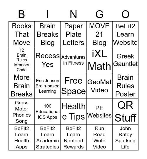 BeFit2Learn Bingo - Health/PE/PA Bingo Card