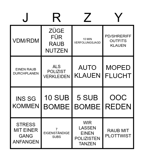 JERZXY Bingo Card