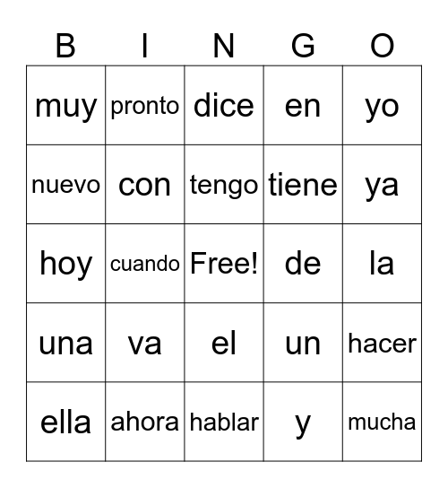 Palabras de Alta Frecuencia Bingo Card