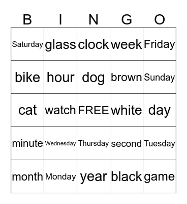 English Bingo Card