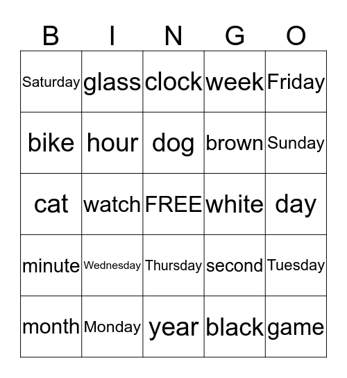 English Bingo Card