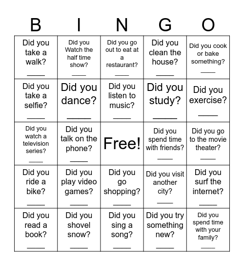 What did you do this weekend? Bingo Card